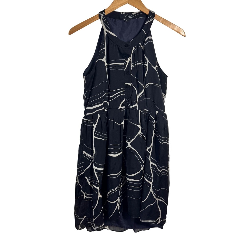 Nell Couture 2 Silk Mini Dress Black Abstract Print Y2K Button Front Officechic